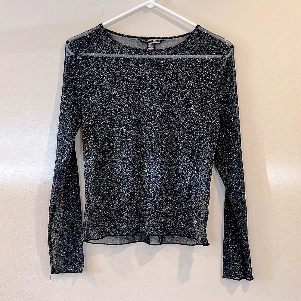 🔥Victoria’s Secret Women’s Translucent Black Glitter Long Sleeve Top Size XS EC🔥